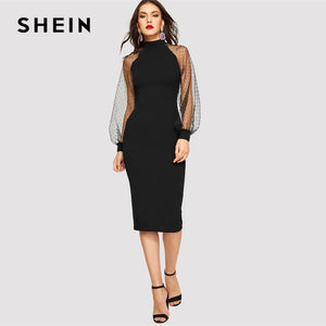 SHEIN Party Black or Blue Pencil Bodycon Dress With Jacquard Contrast Mesh Lantern Sleeve Spring Women Long Sleeve Solid Dresses