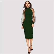 Load image into Gallery viewer, SHEIN Party Black or Blue Pencil Bodycon Dress With Jacquard Contrast Mesh Lantern Sleeve Spring Women Long Sleeve Solid Dresses