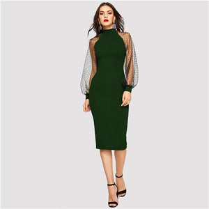 SHEIN Party Black or Blue Pencil Bodycon Dress With Jacquard Contrast Mesh Lantern Sleeve Spring Women Long Sleeve Solid Dresses